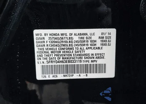 2014 Acura Mdx Technology Pkg W/Entertainment Pkg from USA, damaged, VIN 5FRYD4H63EB033119